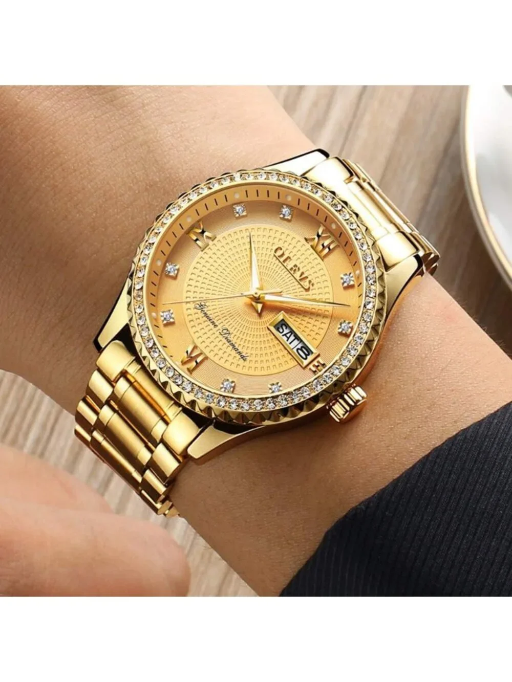 Men's All Gold Diamond Stainless Steel Waterproof Luminous Luxury Analog Watch